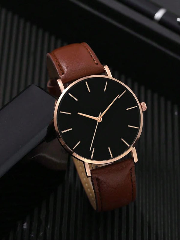 1pc Men Coffee Brown PU Polyurethane Strap Business Round Dial Quartz Watch