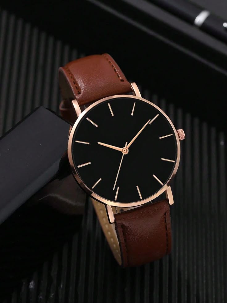 1pc Men Coffee Brown PU Polyurethane Strap Business Round Dial Quartz Watch